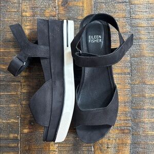 Eileen Fisher Black Soft Suede Platform Sandals.